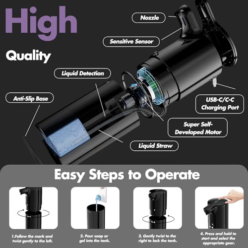 YIKHOM Automatic Liquid Soap Dispenser, Dish Soap Dispenser 8 Volume Control Adjustable, 15.37 oz/450mL Touchless Sanitizer Dispenser, Motion Sensor Soap Pump for Kitchen Bathroom, USB C Rechargeable