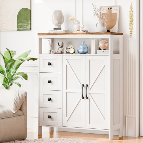 Vabches Farmhouse Storage Cabinet with 2 Doors and 4 Drawers, Unique White | Freestanding Bathroom Compartment Kitchen Pantry Cabinet, Floor Cupboard for Kitchen/Living Room/Bathroom - color: Unique White, style: 4 Drawers Ⅱ