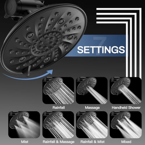 FEELSO Shower Head with Handheld Spray, 8" High Pressure Rain Showerhead | 7+8 Modes Dual Shower Head, Anti-Clog Nozzles, 71” Shower Hose Extra Long, Adjustable Holder, Shower Separately or Together - color: Matte Black