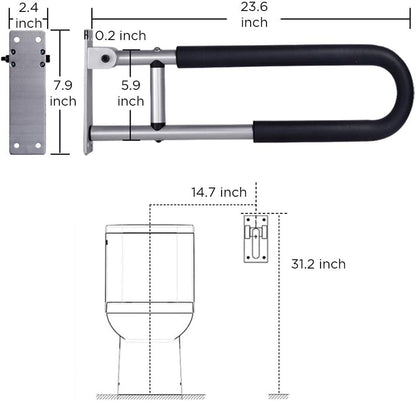 Toilet Safety Rail, 23.6 in Flip Up Foldable Wall Mount Grab Bar, Aluminum Alloy Bathroom Shower Assist Handrail with Anti-Slip Grip, Suitable for Elderly, Handicap, Pregnant & Post-Op Users