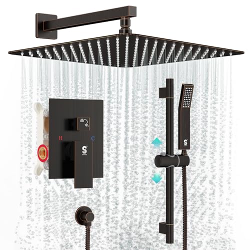 SR SUN RISE 12 Inch Square Shower System with Slide Bar,Oil Rubbed Bronze | Rain Head and Handle System,16" Adjustable Shower Slide Bar,Soild Brass,Wall Mount,Included Valve and Trim Kit - color: Oil Rubbed Bronze, size: 12 Inch