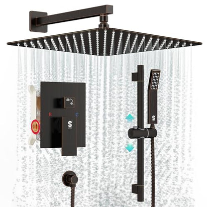 SR SUN RISE 12 Inch Square Shower System with Slide Bar,Oil Rubbed Bronze | Rain Head and Handle System,16" Adjustable Shower Slide Bar,Soild Brass,Wall Mount,Included Valve and Trim Kit - color: Oil Rubbed Bronze, size: 12 Inch