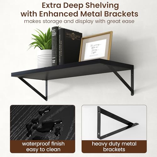 Deep Floating Shelves - 30 Inch Black Floating Shelves Set of 2-12 Inch Deep Wood Wall Shelves for Living Room Bathroom Kitchen - color: Black, size: 30W x 12D