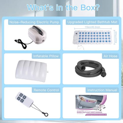 Bubble Bath Massager Mat with Ambient Light & Remote Control | 74 bubble jets，Inflatable pillow，Upgraded anti-slip suction cup，Noise reduction machine，Relieve fatigue and muscle soreness