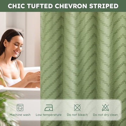 FADOTY Green No Hook Shower Curtain Set with Snap in Liner, 71'' x 74'' | Bathroom Hotel Fabric Curtain, Waterproof Washable Liner, See Through Top Window, Ringless Chevron Tufted Cloth Curtain - color: Sage Green, size: 71"W x 74"L (Pack of 1)