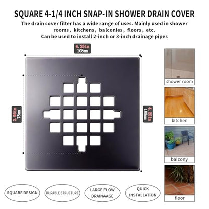 4-1/4 (4.25) Inch Square Snap-in Shower Drain Cover Used for Replacing Shower Strainer Grid,304 Stainless Steel (Black) - color: Black