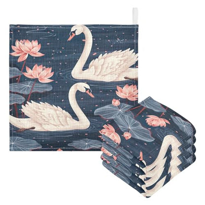 YETTASBIN Swan Muslin Baby Hand Washcloths, Soft Cotton Bath Face Towel, 4 Layers Extra Absorbent Feeding Burp Cloth for Newborn Infant, 5 Pack - size: 12 Inch x 5 Pack