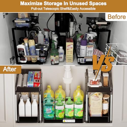 NIUXX Expandable Under Sink Organizer: 2 Tier Under Cabinet Organizer - Double Pull Out Shelf Under Sink Storage for Kitchen - Bathroom and Laundry Room - Space Saving - size: 27.9"L x 15.51"W-Fixed height