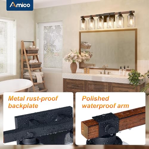 Amico 6-Light Farmhouse Bathroom Vanity Light, Seeded Glass, Black & Wood | Bubble Glass Shade Wall Sconce, Over Mirror Light Fixtures for Bathroom, Bedroom, Living Room, Hallway, Powder Room, Entryway - size: 6-Light
