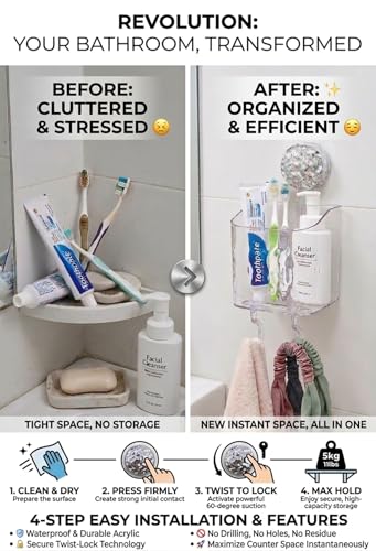 HOME&I Clear Suction Cup Toothbrush Holder for Shower Wall, Twist-to-Lock Drill-Free Bathroom Organizer with 2 Hooks, Self-Draining Wall Storage for Toothpaste, Razor & Accessories - size: 1 Pack / Clear