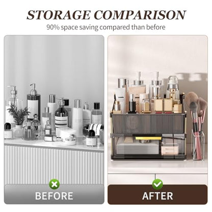INVSSENE Stackable Makeup Organizer Countertop, Storage Perfume Skincare Cosmetic Lipstick Face Mask Makeup Brush Holder Palettes, Ideal for Vanity Bathroom Counter - color: 3514 Coffee+Clear