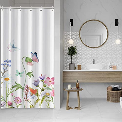 AWERT Small Half Size Stall Shower Curtain with 6 Hooks 36 inch Shower Stall Curtain 36 x 72 Butterfly Wildflowers for Bathroom/RV and Camper (Butterfly) - color: Butterfly, size: 36"W x 72"L (Pack of 1)