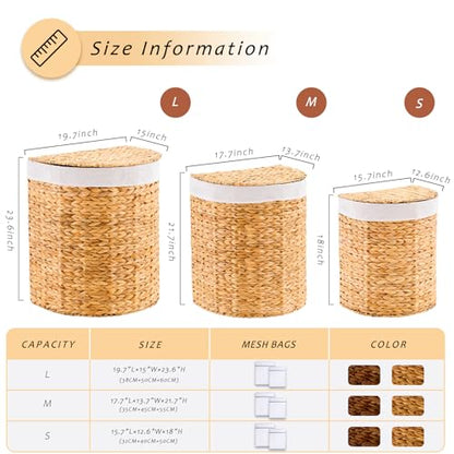 Half Round Wicker Laundry Hamper with Lid and 2 Removable Liner Bags, Handwoven Natural Water Hyacinth Laundry Basket for Dirty Clothes, Natural - color: Natural, size: 120L