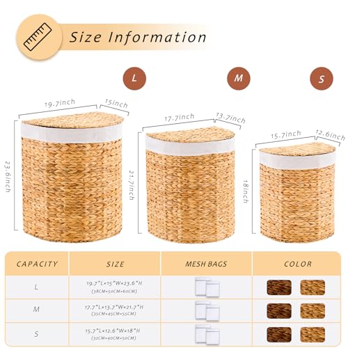 Half Round Wicker Laundry Hamper with Lid and 2 Removable Liner Bags, Handwoven Natural Water Hyacinth Laundry Basket for Dirty Clothes, Natural - color: Natural, size: 90L