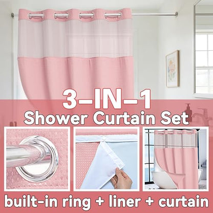 Conbo Mio Extra Long No Hook Waffle Weave Shower Curtain with Snap in Liner Set, Hotel Luxury Pink Shower Curtains for Bathroom with See Through Top Window, Waterproof, Washable 71W x 84H - color: Waffle-pink, size: 71"W x 84"L (Pack of 1)