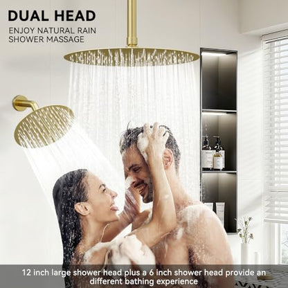 Shower Systems Shower Faucet Sets STARBATH 3 Way 12+6" Round Dual Rainfall Shower Head with Handheld Spray Combo, Ceiling Mounted Rain Shower Valve with 5 Diverter and Trim Kit Complete, Brushed Gold - color: Brushed Gold, size: 6+12 inch-04