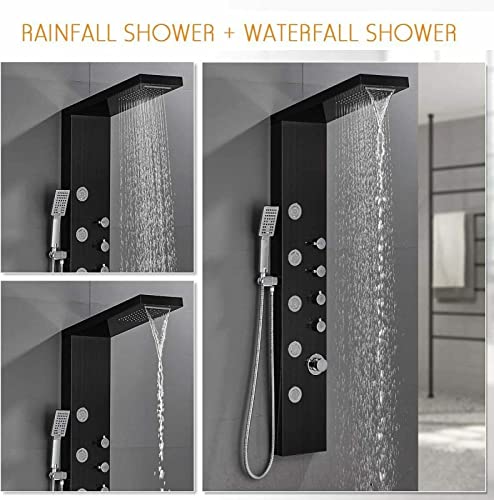 LED Light Shower Panel Tower Rainfall Waterfall Shower Head with Massager Jets Body System Jet Black B (Color : Black E) - color: Black E