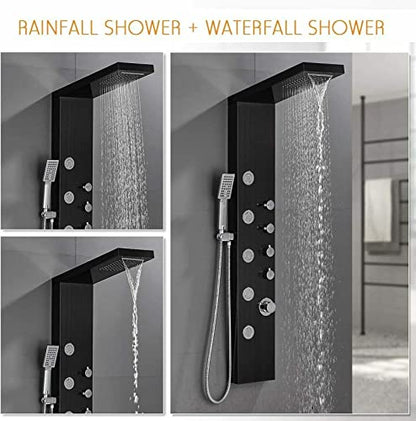 LED Light Shower Panel Tower Rainfall Waterfall Shower Head with Massager Jets Body System Jet Black B (Color : Black E) - color: Black E
