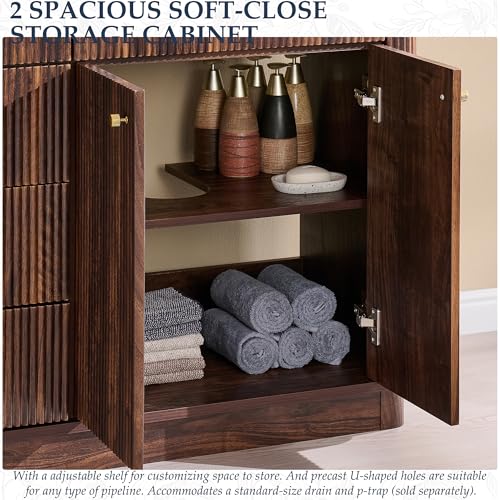 T4TREAM 60" Fluted Bathroom Vanity with Double Sink, Dark Walnut | Integrated Resin Sink, 2 Large Storage Cabinets, Adjustable Shelf, 3 Drawers, Three pre-drilled faucet holes, Mid-Century - color: Dark Walnut, size: 60" (Bouble Sink)