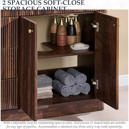 T4TREAM 60" Fluted Bathroom Vanity with Double Sink, Dark Walnut | Integrated Resin Sink, 2 Large Storage Cabinets, Adjustable Shelf, 3 Drawers, Three pre-drilled faucet holes, Mid-Century - color: Dark Walnut, size: 60" (Bouble Sink)