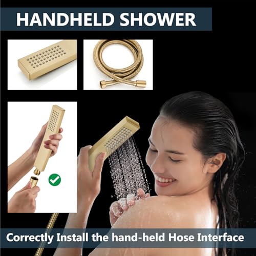 Aolemi Ceiling Shower Faucet with Handheld 12 Inch Head Brushed Gold | Shower Valve and Trim Kit,SUS304 Rain Head and Handle Set System,All Metal,Bathroom, Handheld Spray - color: Gold, size: 12 Inch Ceiling Shower Head