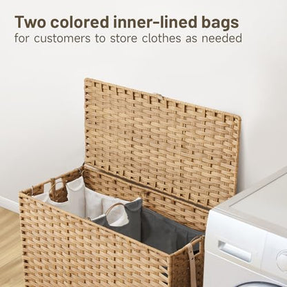 Laundry Hamper with Wheels, 34.3 Gallon(130L) Rolling Laundry Basket with Lid, Removable Large 2 Color Liners & 3 Mesh Laundry Bags, Clothes Hamper with Side Pocket, Natural - color: Natural, size: 23.62"L x 15.75"W x 21.65"H