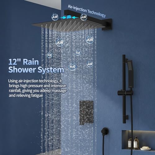 SR SUN RISE 12 Inch Square Shower System with Slide Bar,Matte Black | Rain Head and Handle System,16" Adjustable Shower Slide Bar,Soild Brass,Wall Mount,Included Valve and Trim Kit - color: Matte Black, size: 12 Inch