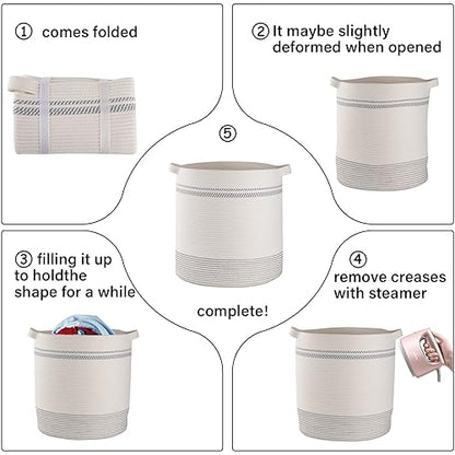 OIAHOMY 80L Laundry Basket, Laundry Hamper, Cotton Rope Storage Basket with Handles, Decorative Woven Basket for Living Room,Storage Baskets for Clothes, Blankets, and Toys -20''×18'', White&Gray | Tall Dirty Clothes Hamper with Handle,Blanket Basket,Deco
