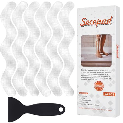 Secopad 24PCS Anti-Slip Shower Stickers with Scraper, 0.8"*8", Clear | Patented, Non Slip, Easy to Use and Clean,Strong Adhesive & No Residue, For Bath Tub, Shower Floor, Stairs, Safe PEVA Decals - color: Clear