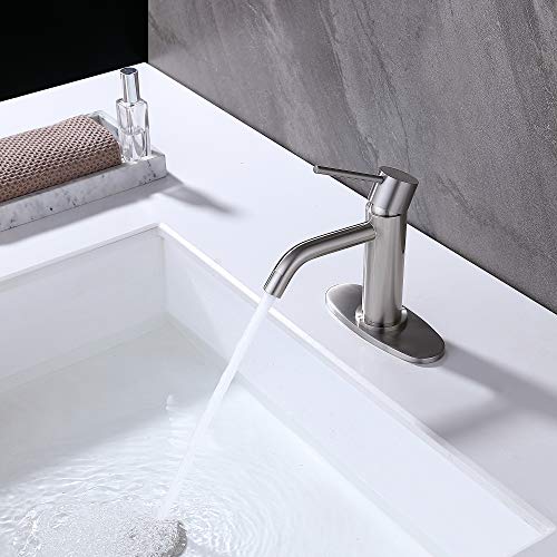Brushed Nickel Single Hole Bathroom Faucets Single Handle, JXMMP Brushed Bathroom Vanity Sink Faucet with Pop Up Drain Assembly and 6 inch Deck Plate - color: Brushed Nickel, size: Faucet with Deck Plate