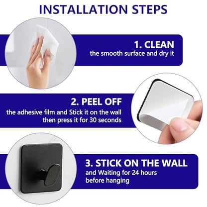 Black Adhesive Towel Hooks 2" Heavy Duty Sticky Hanger Bathroom Wall Mount | No Drilling for Hanging Towel Coat Robe Hat, Stainless Steel Hook for Shower Kitchen RV, No Tool, Waterproof Rustproof 4 Pack - color: Sq- Black