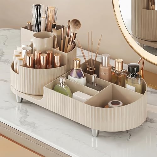 Booklov Rotating Makeup Organizer for Vanity Countertop, Cream | Plastic Cosmetic Display Case, Large Beauty Brush Holder for Bathroom Counter, Skin Care Perfumes Storage - color: Cream