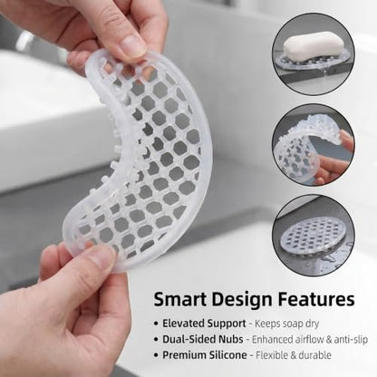 2 Pack Transparent Silicone Soap Dish, Self Draining Non-Slip Soap Holder, Bar Soap Saver Pad for Bathroom, Shower, Bathtub & Kitchen - color: Transparent