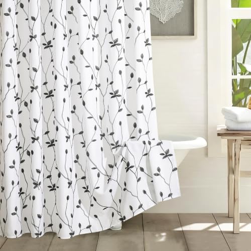 Embroidered Leaf Farmhouse Shower Curtain,Faux Linen,72Wx72L,White Black | Boho Modern Shower Curtain Set, Washable & Waterproof Fabric, Floral Shower Curtains for Bathroom with Hooks - color: White Black