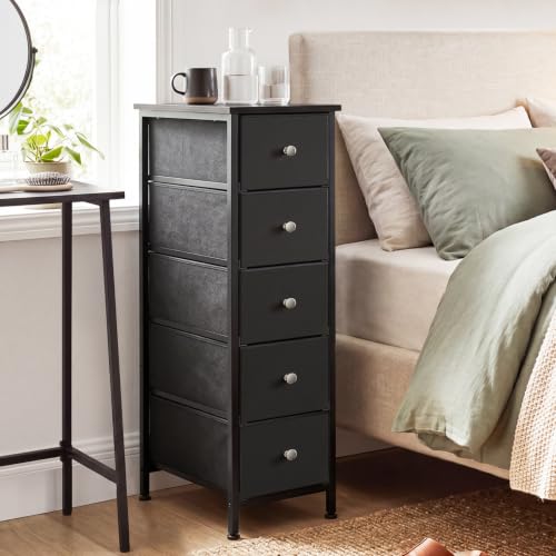 Fixwal Narrow Storage Cabinet, Narrow Nightstand Dresser with 5 Drawers, Slim Fabric Dresser Storage Tower for Small Spaces, Black Dresser, for Bedroom, Bathroom, Laundry, Closet - color: Black, size: 16.5"D x 9.5"W x 36.6"H (5 Drawers)
