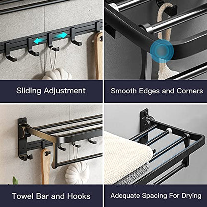 24 Inch Towel Rack with Towel Bar Holder Foldable Towel Shelf with Movable Hooks Rustproof Towel Storage wall Mount for Bathroom Lavatory Matte Black - color: Matte Black