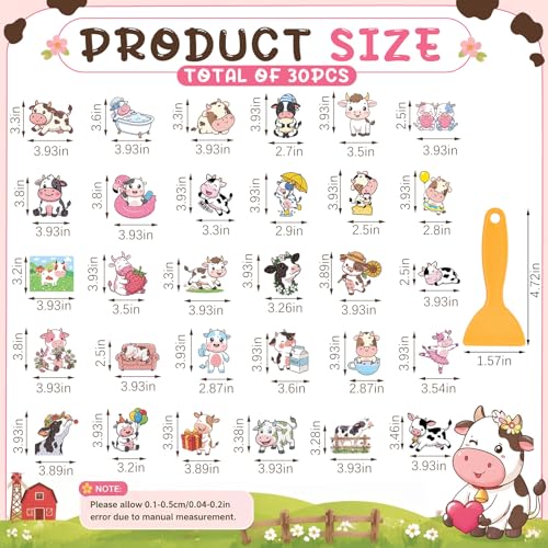 Fullhawl 30 Pcs Farm Animal Non Slip Bathtub Stickers, Cute Cow Bath Safety Decals, Anti Slip Shower Traction Stickers, Waterproof PEVA Bathtub Appliques with Scraper for Tub Shower Floor Bathroom - style: Cartoon Cow