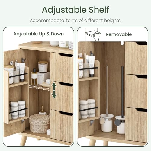 CHOEZON Bathroom Cabinet, Fluted Bathroom Storage Cabinet, Freestanding Floor Cabinet with Door Shelves, Drawers & Adjustable Shelf, Modern Bathroom Organizer for Bathroom, Kitchen, Natural