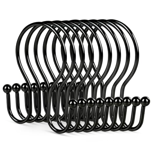 Resze 12PCS Shower Curtain Hooks, Sturdy Metal Black Shower Curtain Rings | Glide Roller Double Shower Hooks, Rust Proof Anti-Drop Curtain Hooks, Smooth Sliding Rings for Bathroom Shower Rods Curtains - color: Black