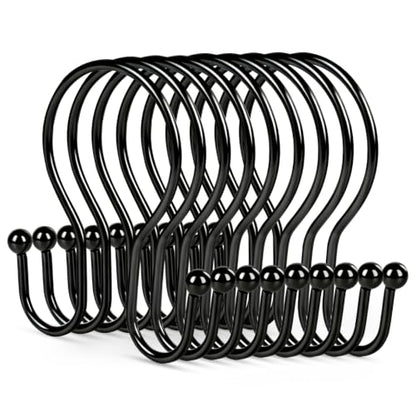 Resze 12PCS Shower Curtain Hooks, Sturdy Metal Black Shower Curtain Rings | Glide Roller Double Shower Hooks, Rust Proof Anti-Drop Curtain Hooks, Smooth Sliding Rings for Bathroom Shower Rods Curtains - color: Black