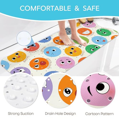 SHUCHING Baby Bath Mat for Tub Non Slip-40x16 Inch | Bathtub Mat for Kids & Toddler Mold Free, Long Shower Mat for Inside Shower with Suction Cup, Machine Washable - color: Emoji