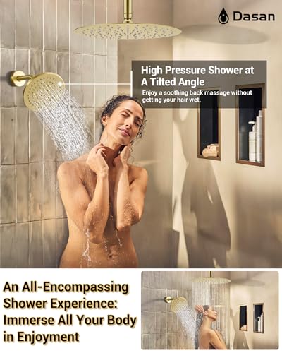 Dasan Rainfall Full Body Shower Faucet System with 12'' Round Shower & 6'' Round Shower,Brushed Gold Dual Shower Head Faucets Set with Handheld & Valve, Double Shower Head System for Couples/ 2-Person - color: Brushed Gold