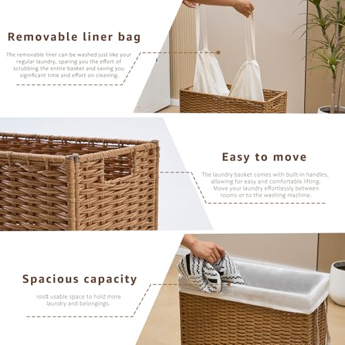 Slim Wicker Laundry Hamper, 75L Handwoven Rattan Basket with Handles, Narrow Laundry Basket with Removable Liner Bag & 2 Mesh Bags - color: Brown, size: 75L