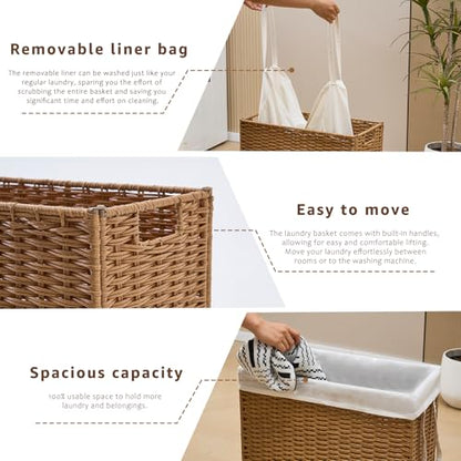 Slim Wicker Laundry Hamper, 75L Handwoven Rattan Basket with Handles, Narrow Laundry Basket with Removable Liner Bag & 2 Mesh Bags - color: Brown, size: 75L