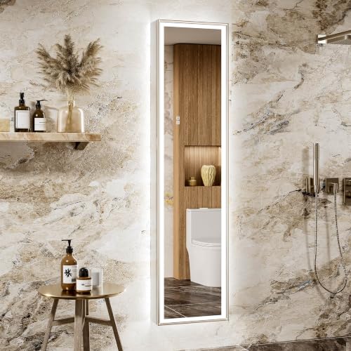 16x70 Lights Medicine Mirror Cabinet, Beveled Brushed Nickel Frame | Tall Lighted Mirrored Door Cabinet, Aluminum Frame, Surface& Recessed Mount, Dimmable Color Temp, Outlet, Sensor Inner Light - size: 16x70''(Right Hinge)