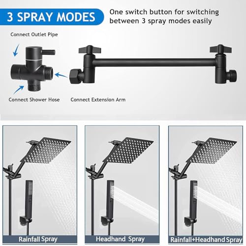 Rainfall Shower Head with Handheld Combo, Black, 10 Inch & 3 Spray Modes | 180° Adjustable with Extension Arm, Easy To Install - color: Matte Black