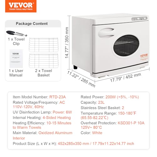 VEVOR 23L Large Capacity Hot Warmers with See Through Window, Two Stainless Steel Racks, Holds up 50-60 Towels, 2-in-1 Quick and All-Round Heating for Facials, SPA, Massage, Salon, White