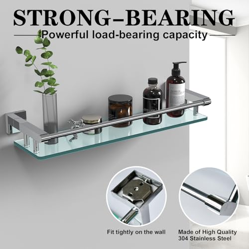 Glass Shelves for Bathroom, 20IN Rectangular Chrome Stainless Steel Tempered Glass Shelf Wall Mount Shelf Sink Over Toilet Modern Bathroom (Chrome Polished, 20‘’) - color: Chrome Polished, size: 20'' with Railing
