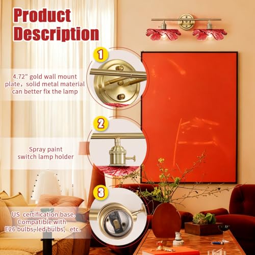 2-Light Red Floral Wall Sconce Mid Century Antique Gold Bathroom Vanity Light with Metal Base, Wall Lighting Fixture Over Mirror for Living Room Bedroom Hallway - color: 2-light, Red
