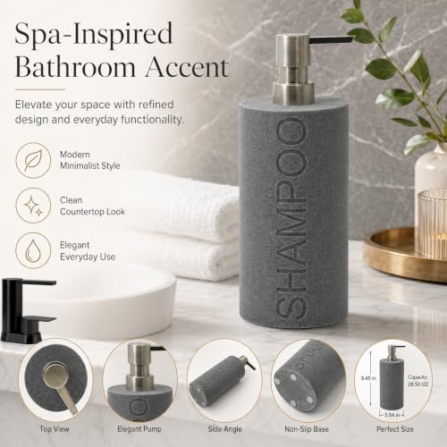 Resin Neutral Gray Sandstone Shampoo Engraved Bottle Refillable Pump Dispenser, Durable Waterproof Resin Construction for Bath, Shower - Gray Sandstone Satin Nickel Pump - color: Gray Sandstone Resin, Nickel Pump - Shampoo